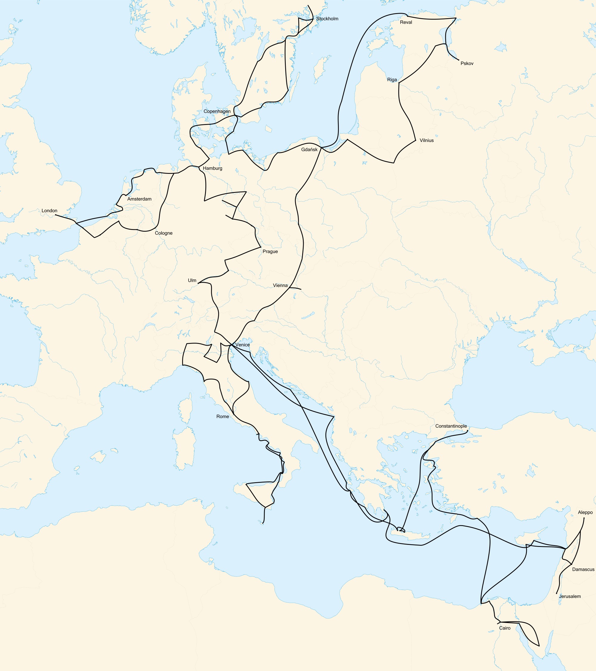 Map with the route of Samuel Kiechel's journey