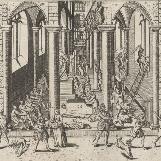 Destruction of the interior of a Catholic church during the Reformation