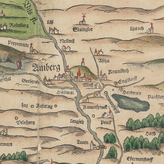 Segment of a map of Bavaria from 1568 with Amberg in the centre