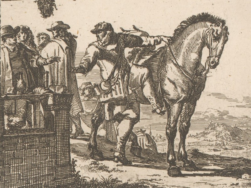 A messenger is about to mount his horse and depart.