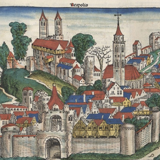 Images of Naples and Perugia in Schedel's chronicle printed using the same woodcut.