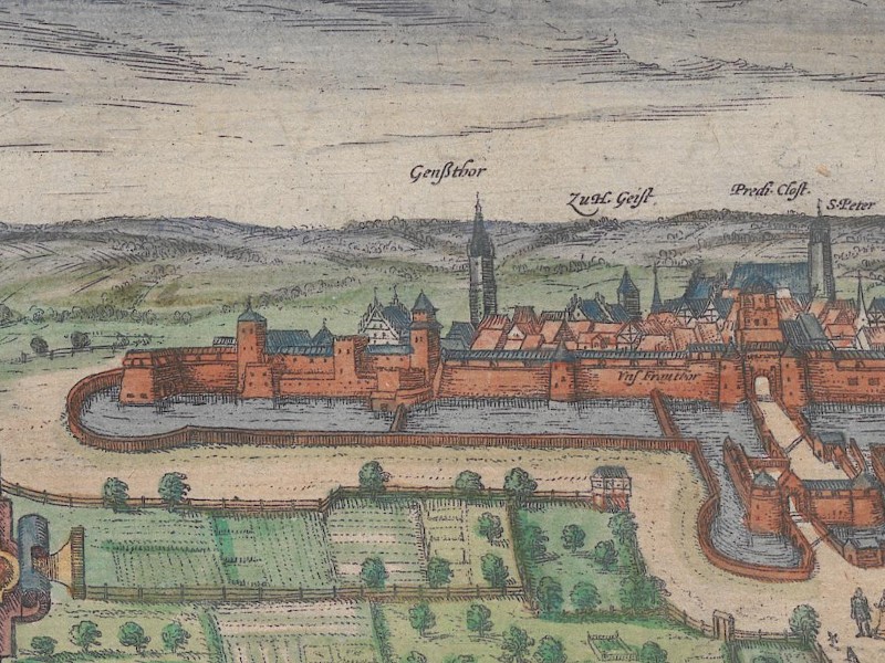 Eastern part of a panorama of Ulm from 1593 with the Gänsturm