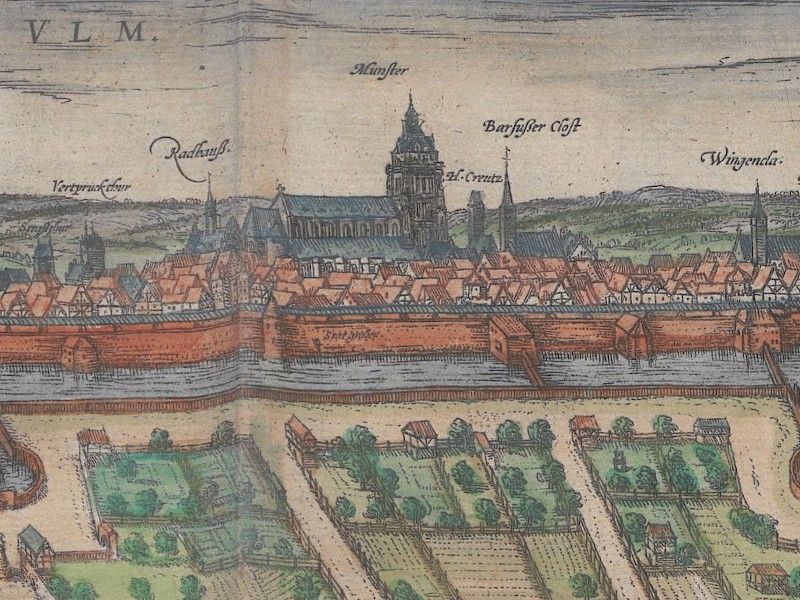 Centre part of a panorama of Ulm from 1593 with the Minster and town hall