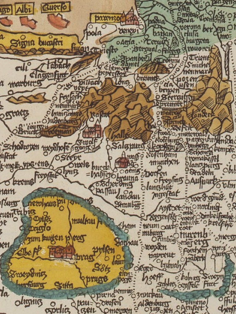 Segment of the map by Erhard Etzlaub showing Venice at the top, Bohemia and the Alps.