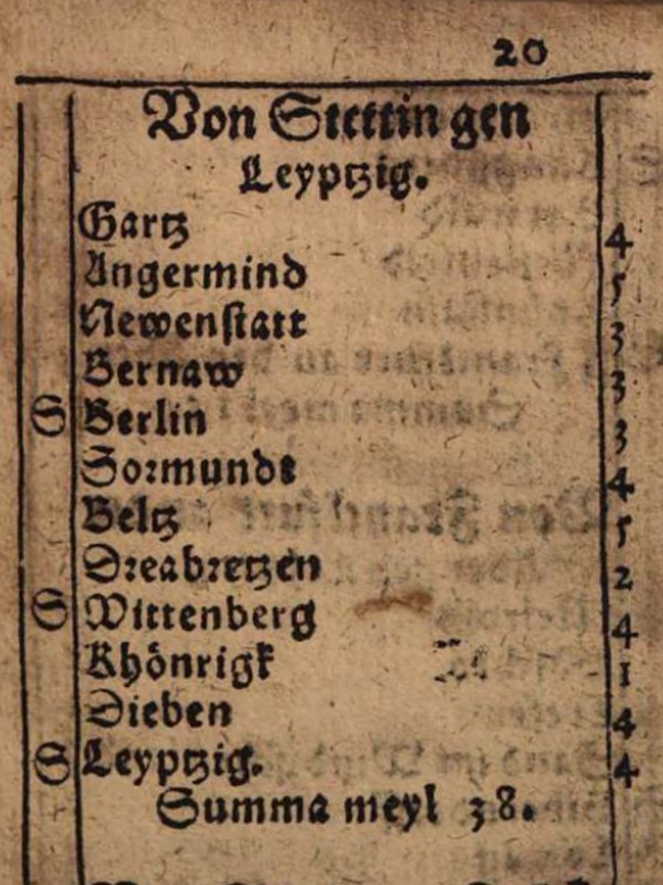 Page of a printed itinerary for the route from Stettin to Leipzig 1612.