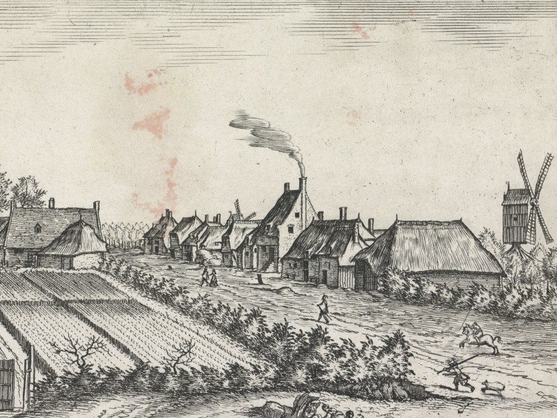 Print of a rural road with houses and fields.