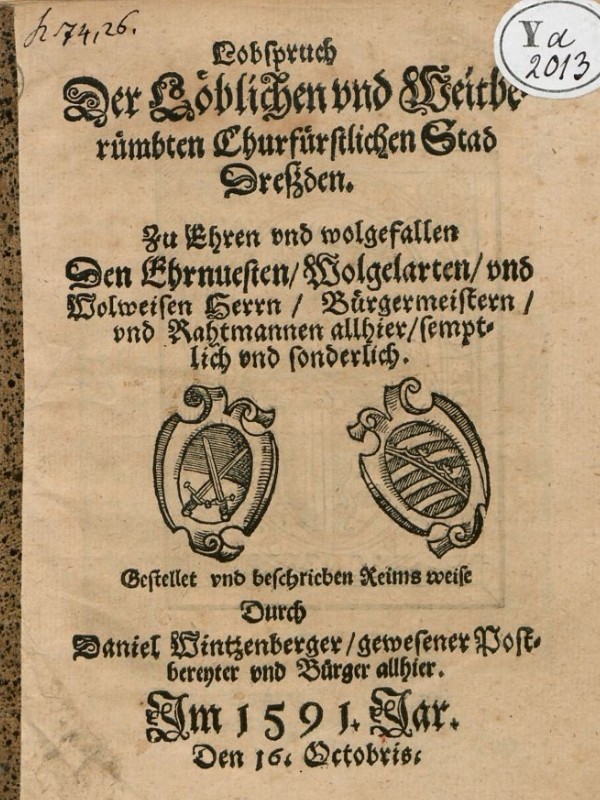 Title page of Daniel Wintzenberger’s panegyric to Dresden.