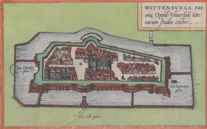 A simple bird’s-eye view of Wittenberg with the Church of St. Mary as the only recognisable detail.