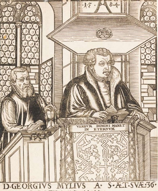 Print of the theologian Georg Mylius giving a sermon.