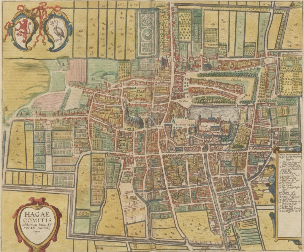 A bird’s-eye view of The Hague showing a large, open city surrounded by fields and gardens.