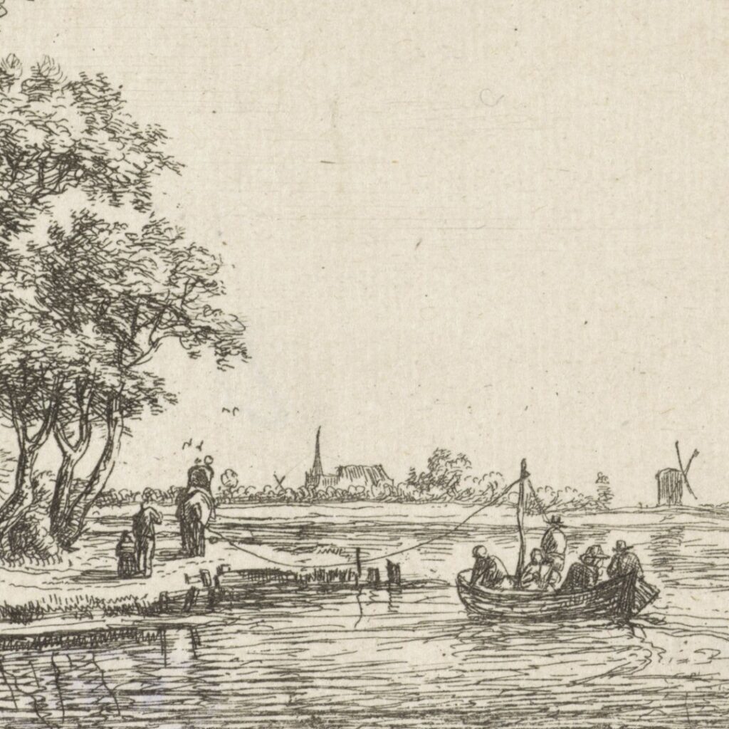A boat being towed along a canal.