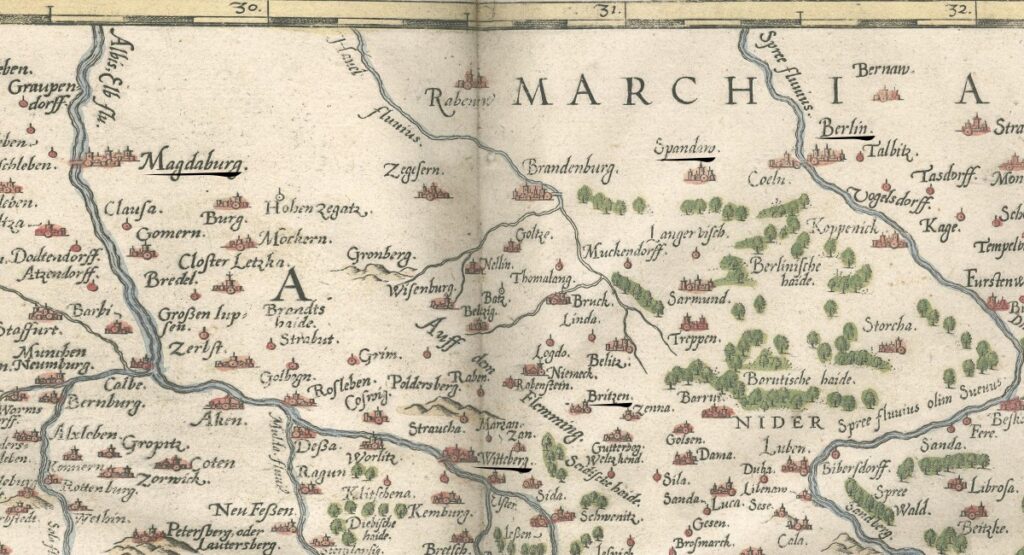 Map of region south of Berlin and the towns Samuel Kiechel visited.