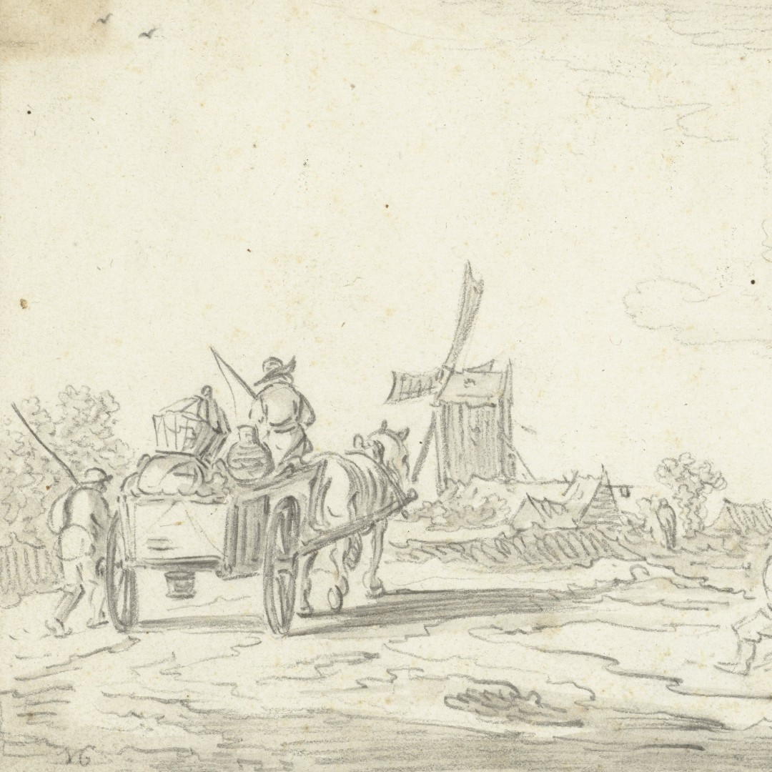 Landscape drawing with a cart and a traveller walking alongside it.