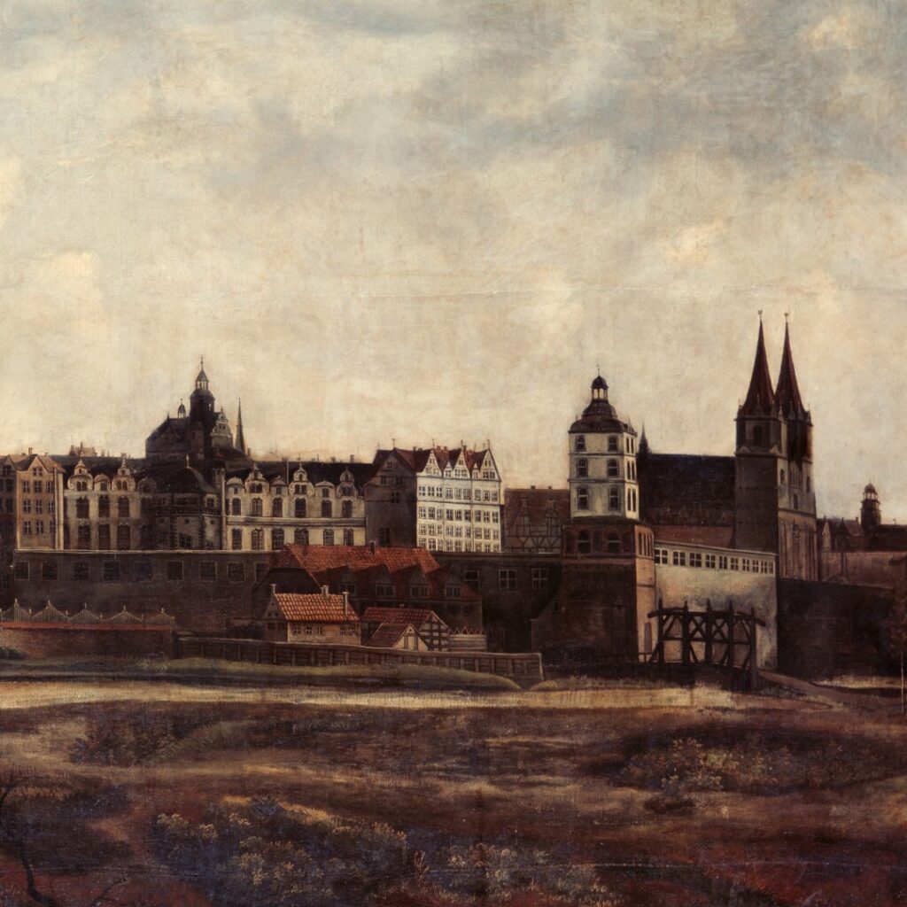Berlin from the northwest, featuring the Elector’s palace and a church.