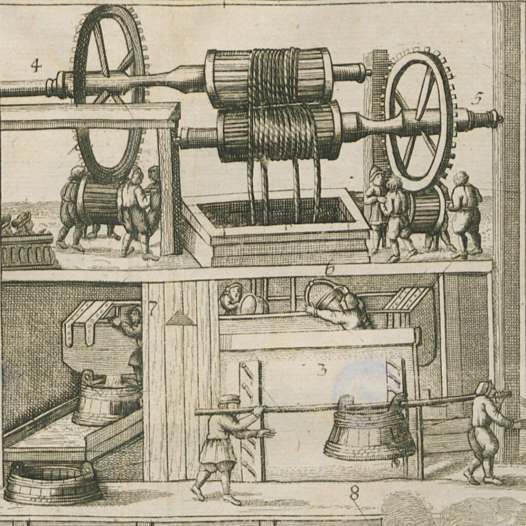 Print depicting the brine spring and the workers making salt.
