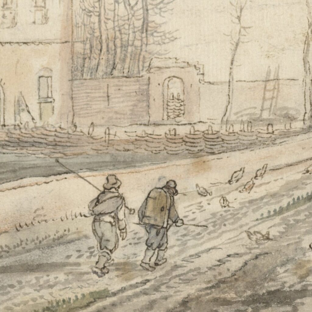 Two travellers trudging along a rugged road.