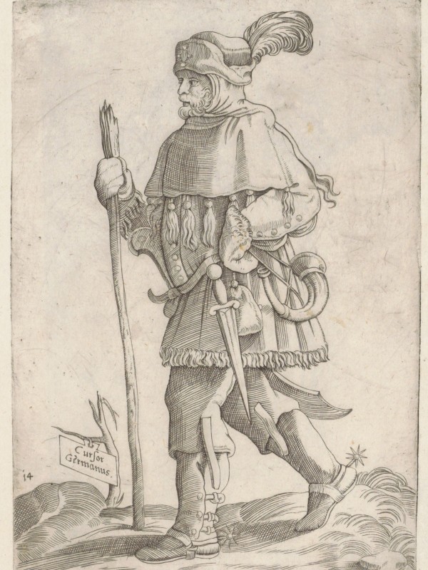 A 16th-century messenger with a walking staff in his hand