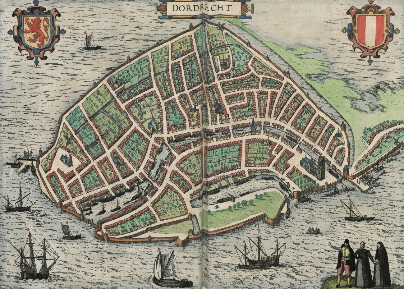 A bird's-eye view of Dordrecht showing the streets and canals within the city, the Merwede River surrounding it and the Biesbosch wetlands.