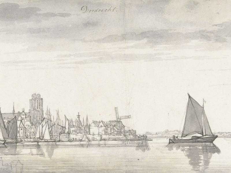 Drawing of a sailing boat leaving Dordrecht.