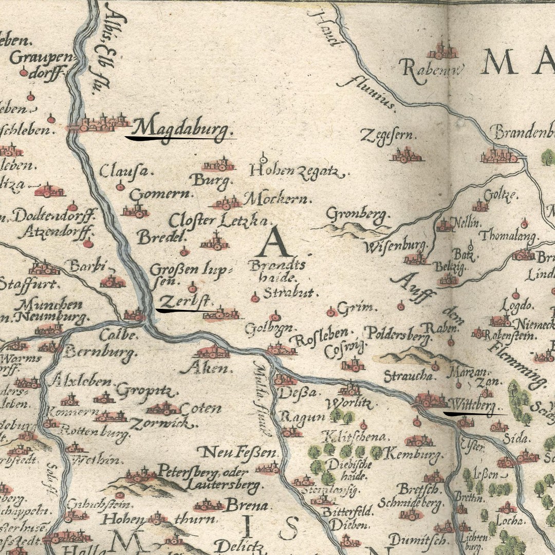 Sixteenth-century map of the region around Wittenberg and Magdeburg.