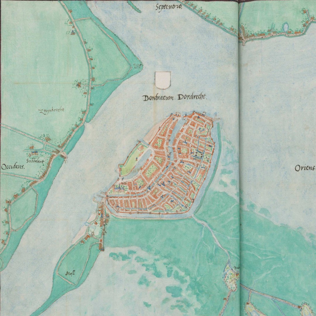 Map of Dordrecht depicting the city and its surrounding landscape.
