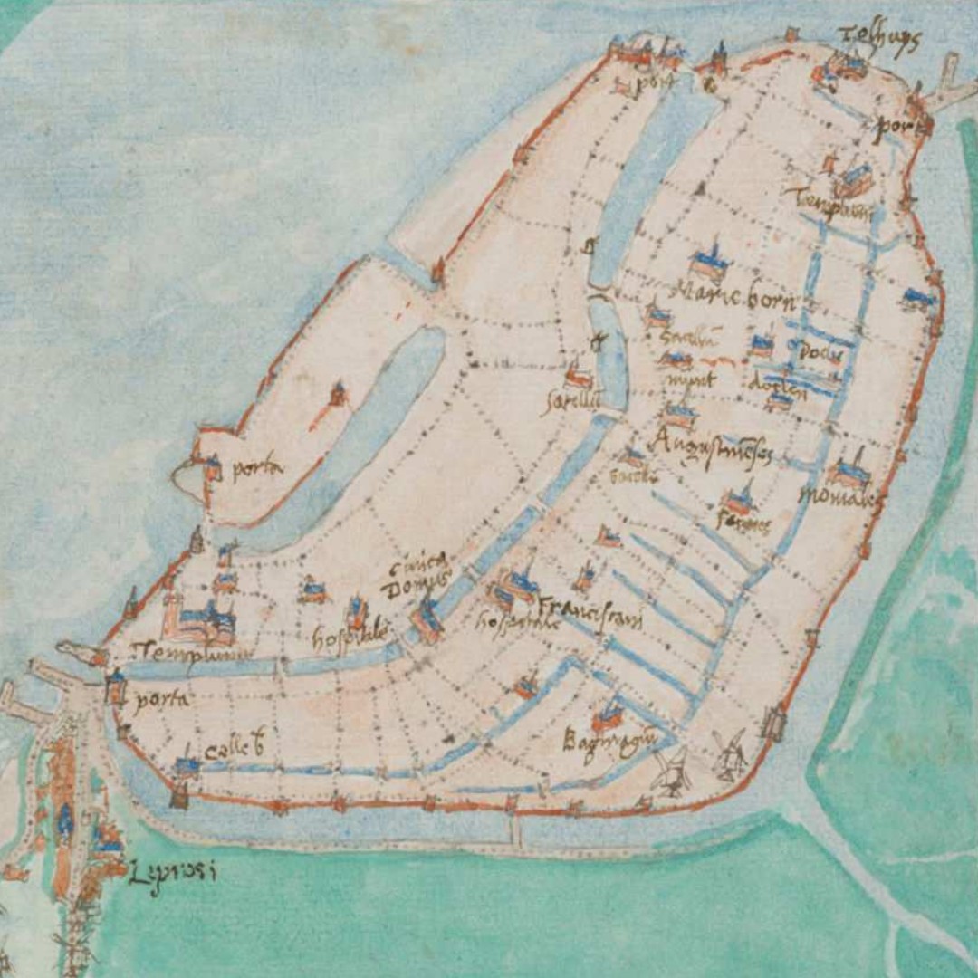 Map of Dordrecht highlighting its layout, streets and canals.