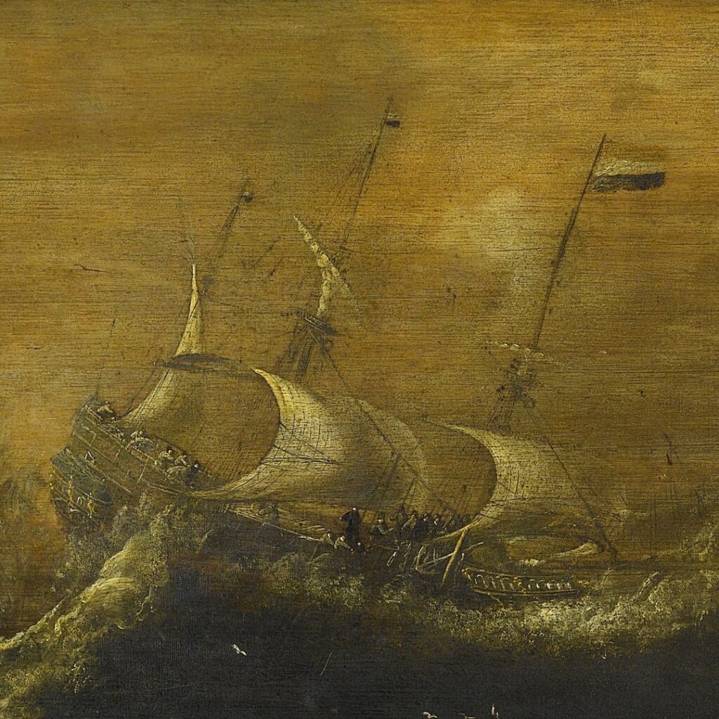 Painting of a sailing ship in a storm.