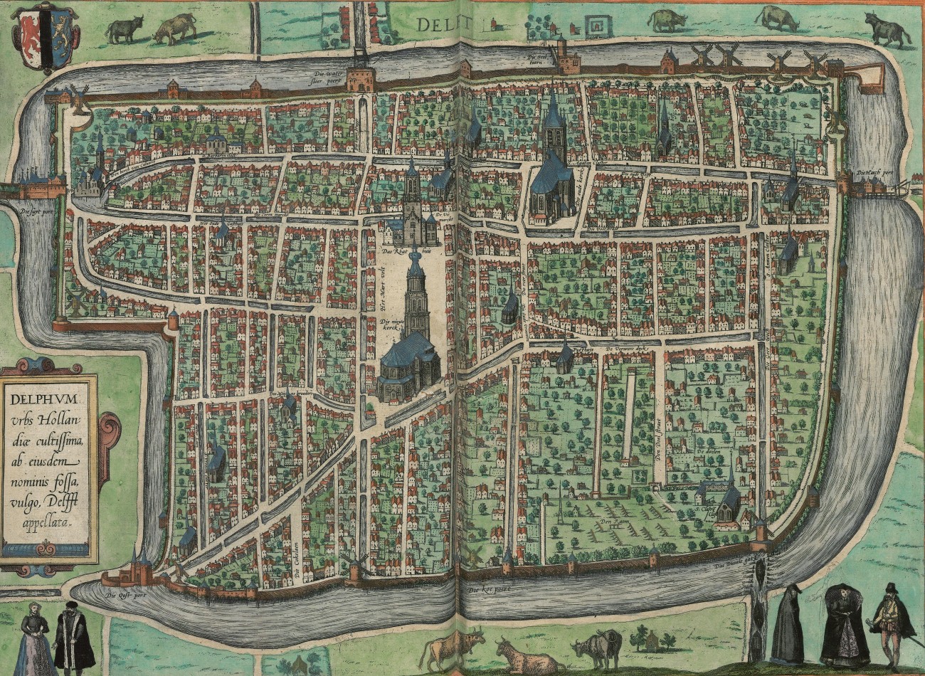 Bird’s-eye view of Delft. Most of the city is depicted quite small, but the churches are shown at a larger scale.