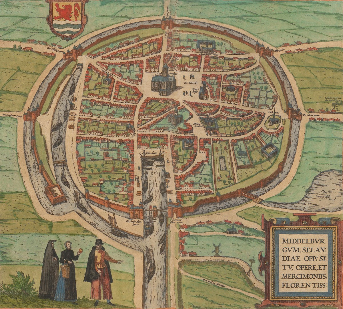 A bird’s-eye view of Middelburg showing a round, fortified city with an active harbour, surrounded by fields.