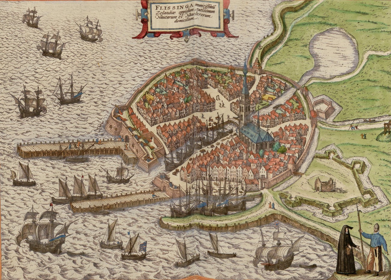 Bird’s-eye view of Vlissingen with particular focus on its busy harbour and numerous ships arriving and departing.