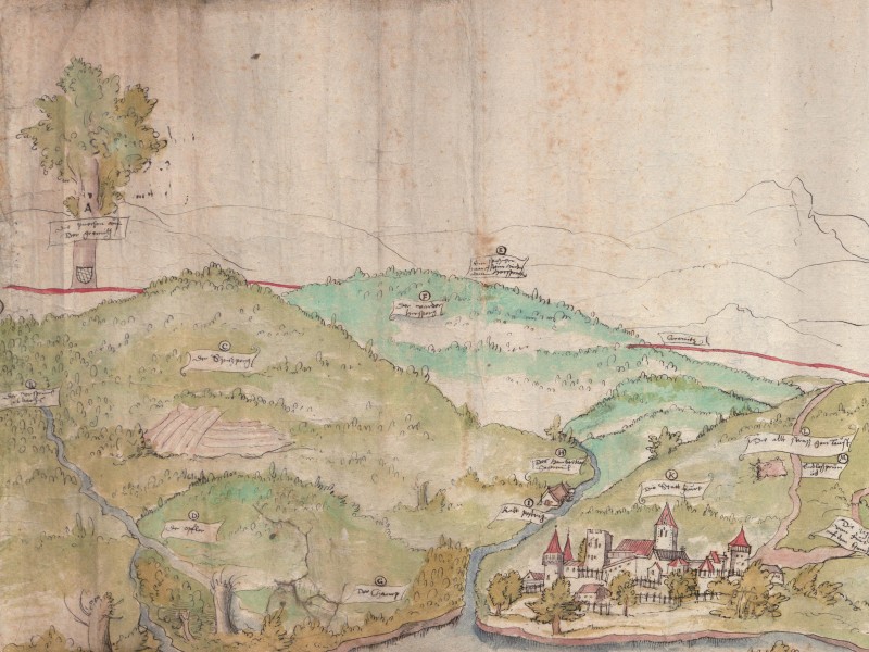 Sketch of the Bohemian Forest from the 16th century showing forested mountains, a few towns and villages and the border between Bavaria and Bohemia.