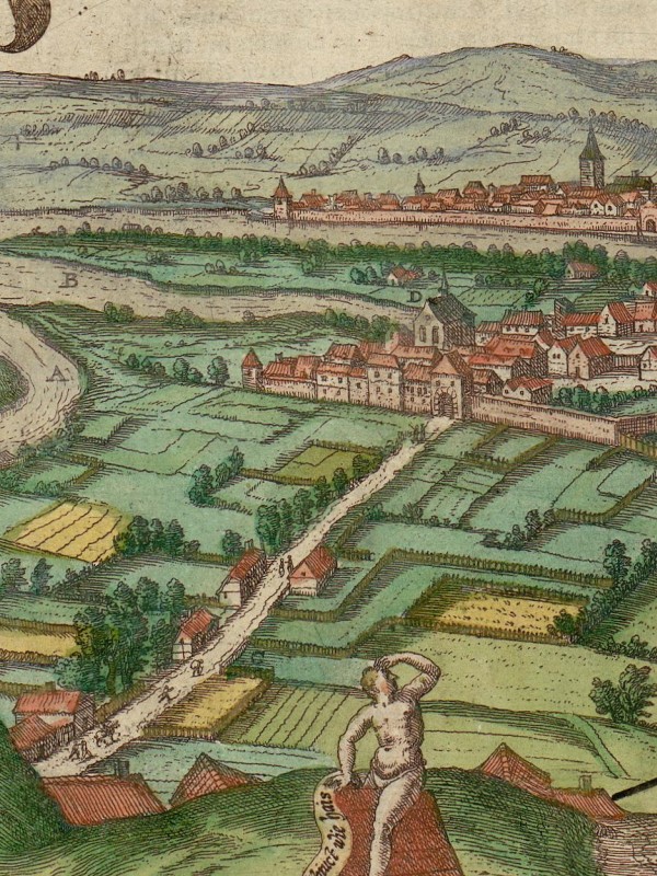 Segment from a view of Regensburg showing the city gate and road to Nuremberg