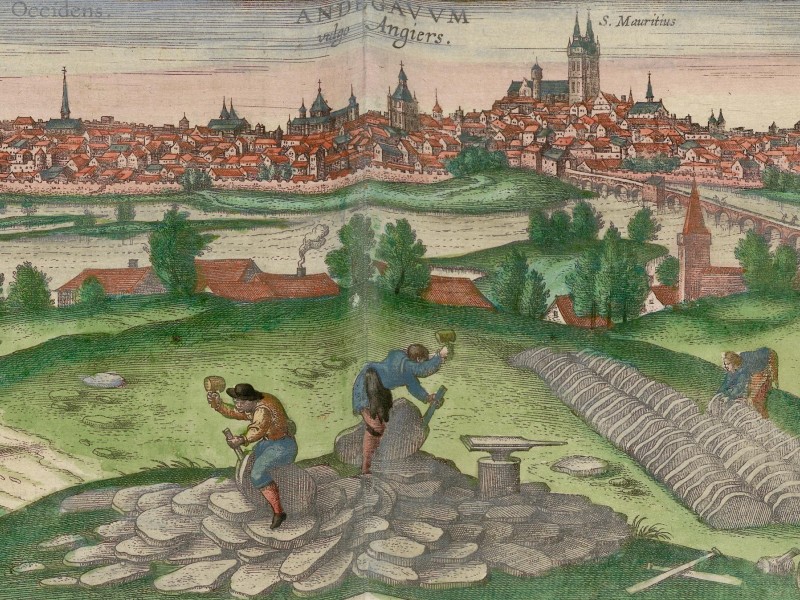 View of Angers by Georg Hoefnagel with stonemasons working in the foreground.