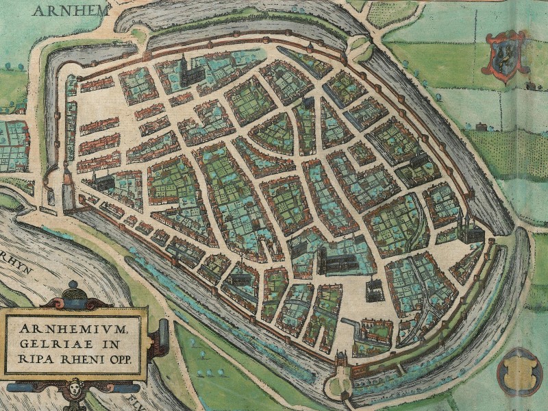 A map of Arnhem by Jacob van Deventer displaying the street layout and fortifications.