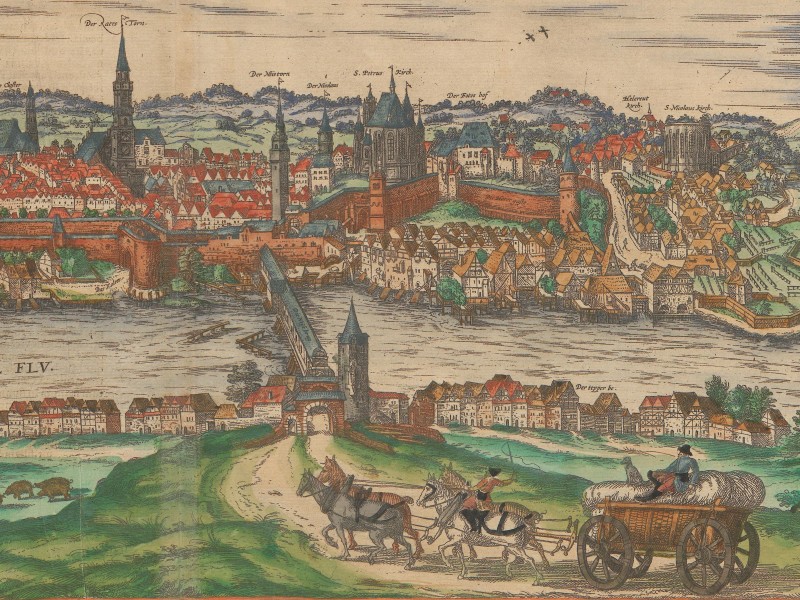 The town of Görlitz from the east with the Neisse River in the foreground in 1575.