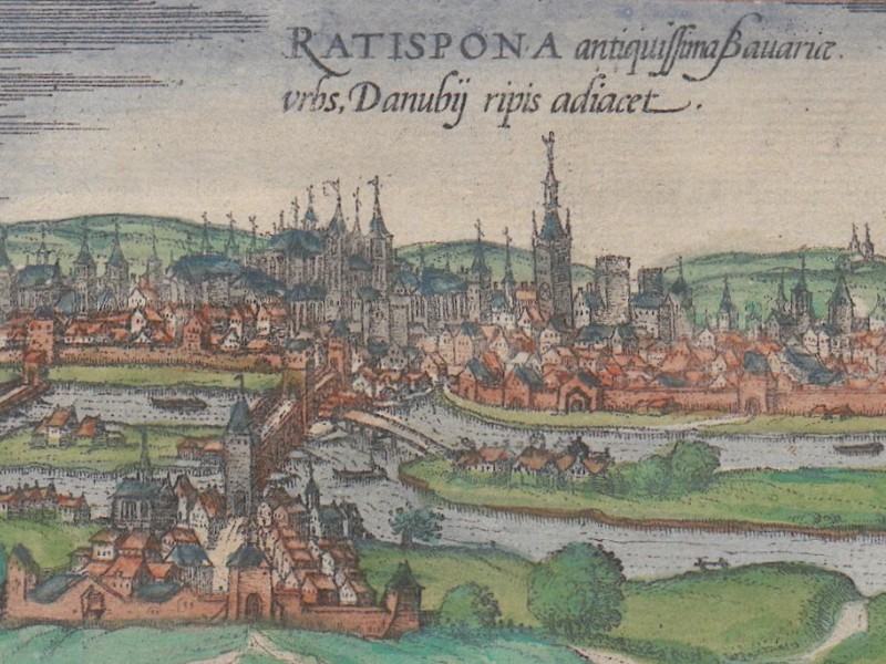 Regensburg from the north with the Danube and famous stone bridge in the foreground