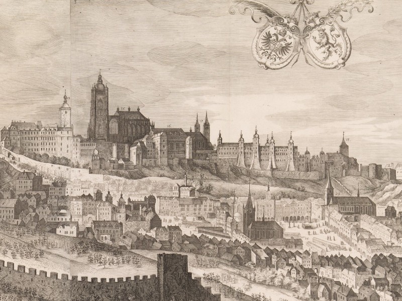 Detailed view of Prague Castle and St. Vitus Cathedral from 1606.