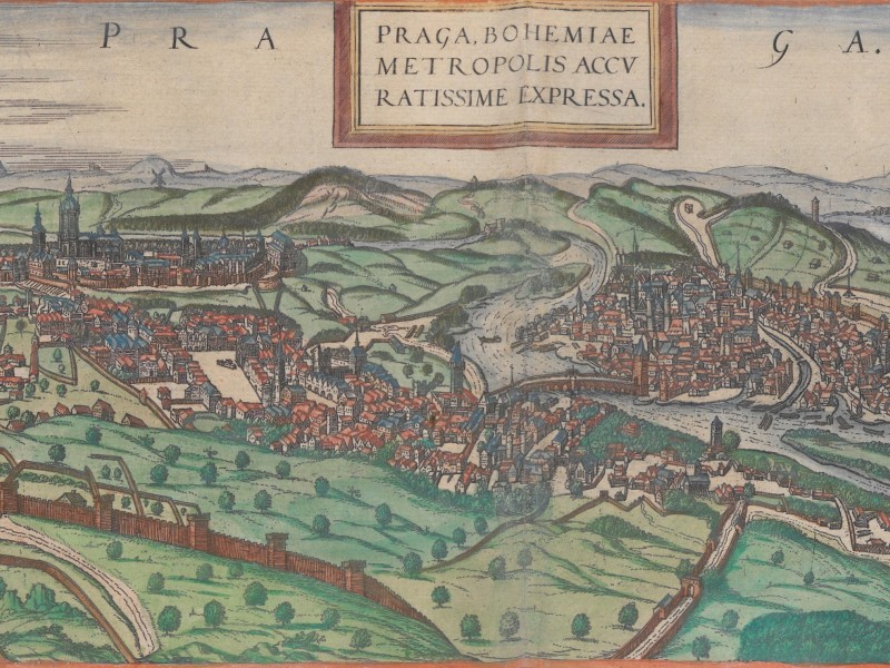 Sixteenth-century Prague viewed from the south, with the Old Town on the left and the castle on the right.