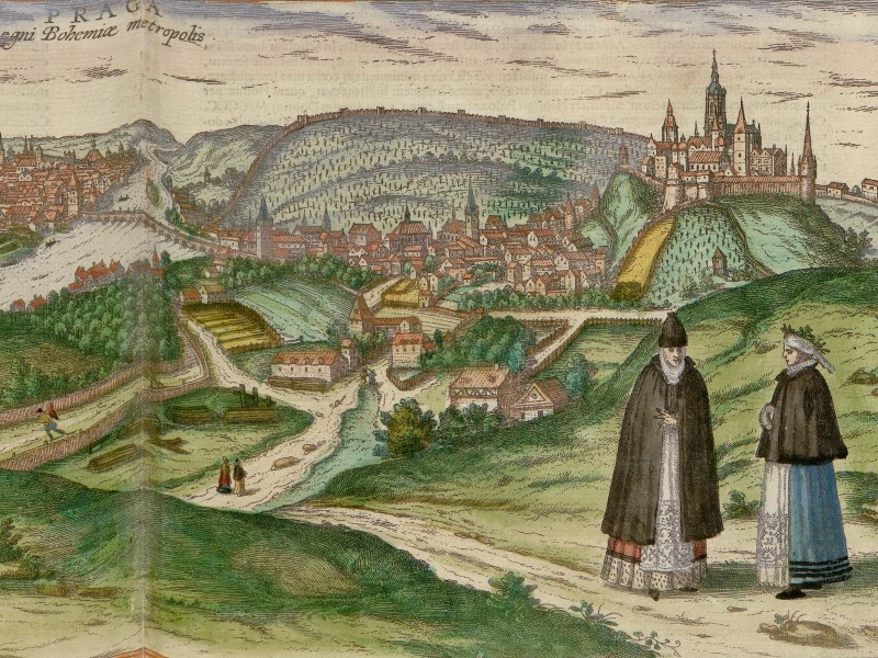 Sixteenth-century Prague from the north, with the castle on the right and the Old Town on the left side.
