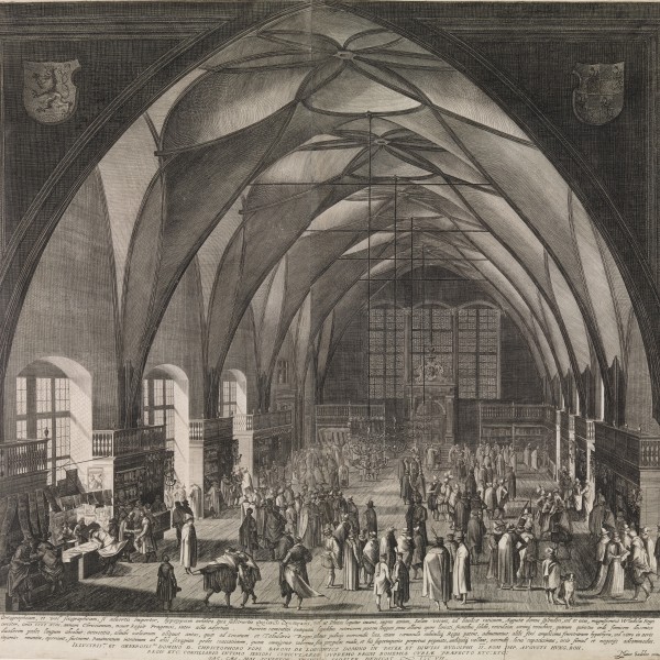 The Vladislav Hall in Prague Castle, with merchants showcasing their wares, 1607.