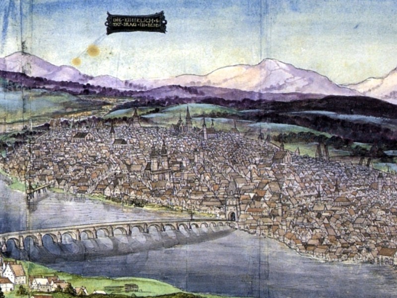Prague's Old Town with the Vltava River and its bridge in the foreground, seen from the south in 1536.
