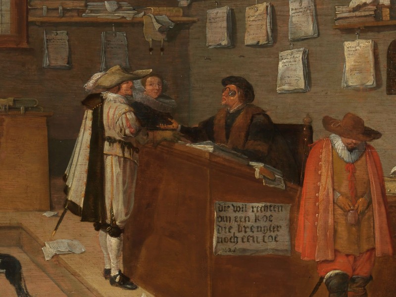 An early modern traveller waiting for a scribe to finish writing a document