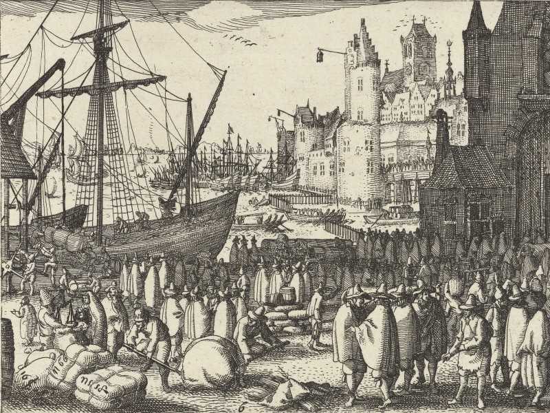 Harbour with ships unloading their cargo, 1608