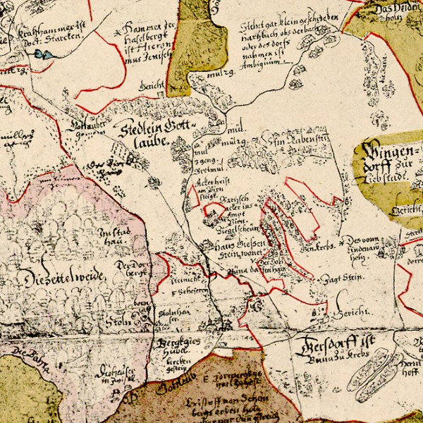 Another section of the hand-drawn map of a part of the Ore Mountains with the towns of Gottleuba and Gersdorf.