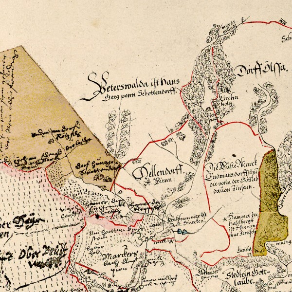Another section of the hand-drawn map of a part of the Ore Mountains with Peterswalde at the centre.