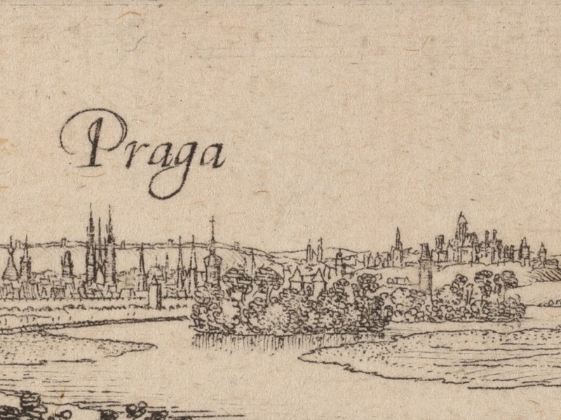 View of Prague from the north. The city is small and distant in the background.