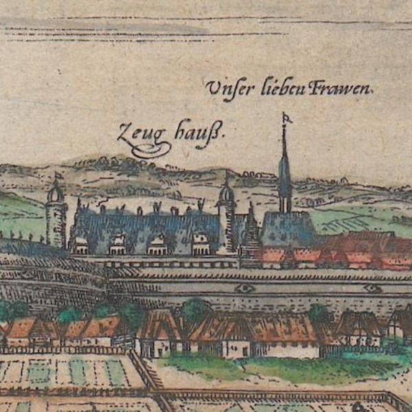 Enlarged section of the view of Dresden showing the armoury and Church of our Lady.