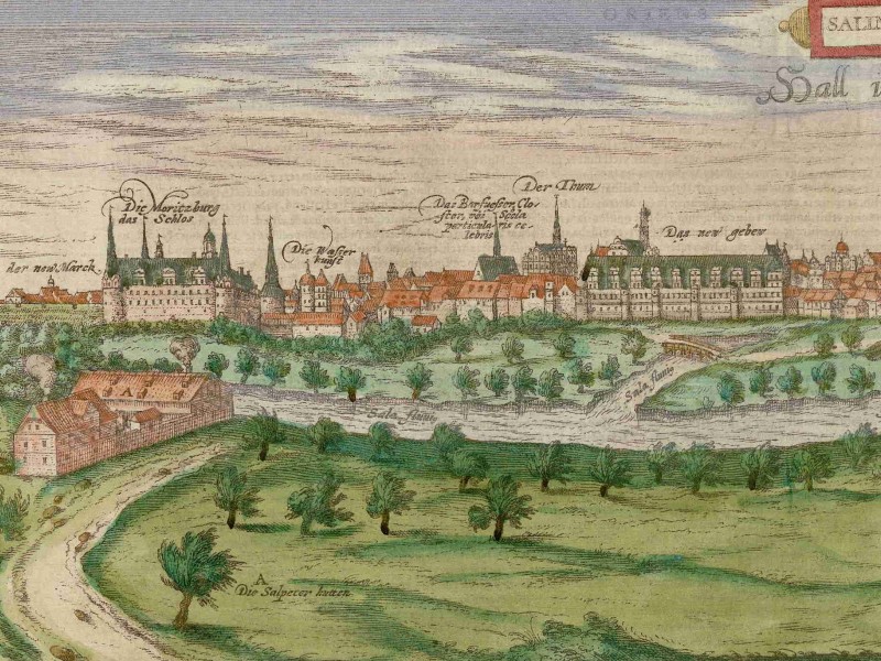 Panorama of early modern Halle with the Saale River in the foreground.