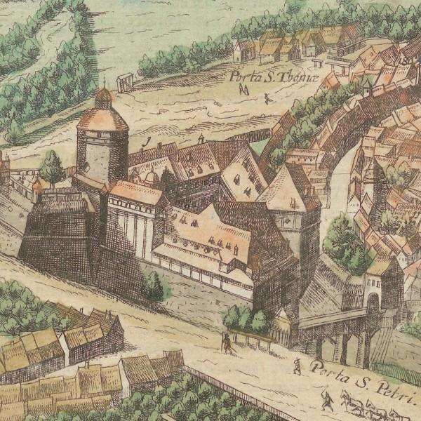 Enlarged section of the view of Leipzig showing the Pleissenburg and St. Peter’s Gate.