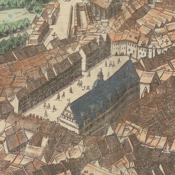 Enlarged section of the view of Leipzig showing the market square and town hall.